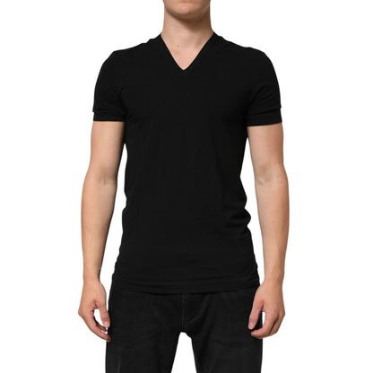 Dolce & Gabbana Black Cotton Slim Fit Men V-Neck Shirt T-shirt