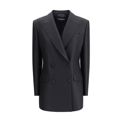 Dolce & Gabbana Black Fleece Wool Blazer with peaked lapels and four-button closure.