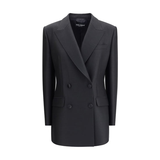 Dolce & Gabbana Black Fleece Wool Blazer with peaked lapels and four-button closure.