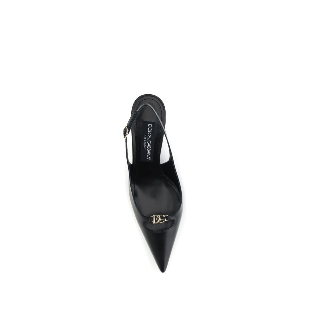 Top view of Dolce & Gabbana Black Goatskin High Heel Pumps with gold D&G logo and adjustable buckle strap.