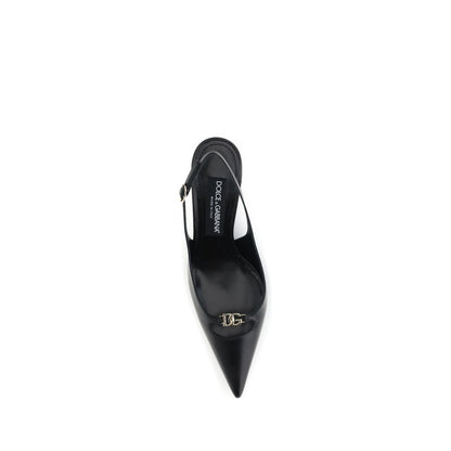 Top view of Dolce & Gabbana Black Goatskin High Heel Pumps with gold D&G logo and adjustable buckle strap.
