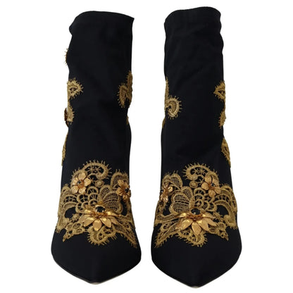 Dolce & Gabbana Black Gold Embroidery Crystal Boots Shoes