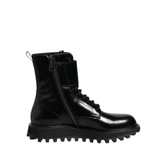 Dolce & Gabbana Black Leather Lace Up Mid Calf Boots Shoes with zipper and rugged sole, crafted in Italy, showcasing luxury fashion.