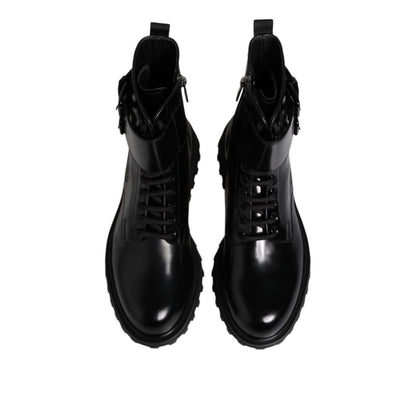 Dolce & Gabbana Black Leather Lace Up Mid Calf Boots Shoes