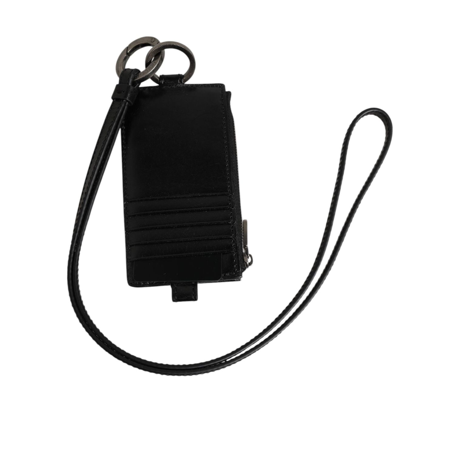 Dolce & Gabbana Black Leather Logo Embossed Lanyard Card Holder Wallet