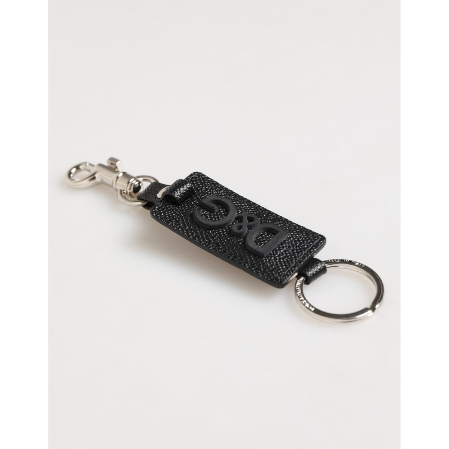 Dolce & Gabbana Black Leather Logo Metal Ring Keychain Holder Keyring