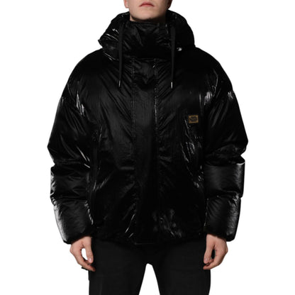 Dolce & Gabbana Black Logo Full Zip Hooded Quilted Jacket - Men's stylish black nylon jacket with logo, made in Italy.