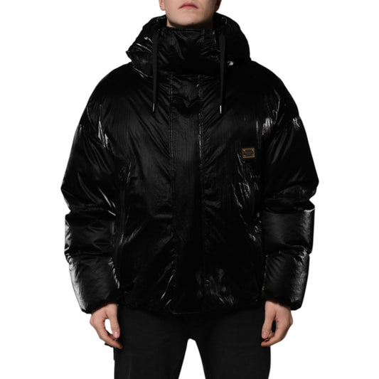 Dolce & Gabbana Black Logo Full Zip Hooded Quilted Jacket - Men's stylish black nylon jacket with logo, made in Italy.