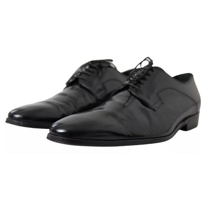 Dolce & Gabbana Black Polished Leather Formal Dress Shoes with laces, made in Italy, showcasing high craftsmanship and exclusive design.