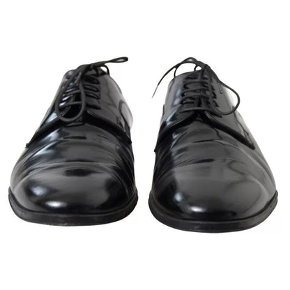 Dolce & Gabbana Black Polished Leather Formal Dress Shoes, preowned luxury footwear, leather outer sole, slightly worn elegant design.