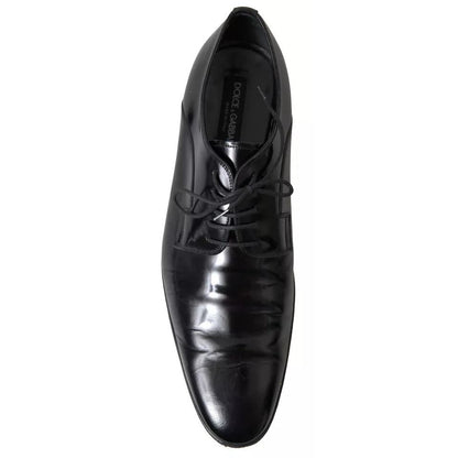 Dolce & Gabbana Black Polished Leather Formal Dress Shoes top view, featuring sleek laces and classic design.
