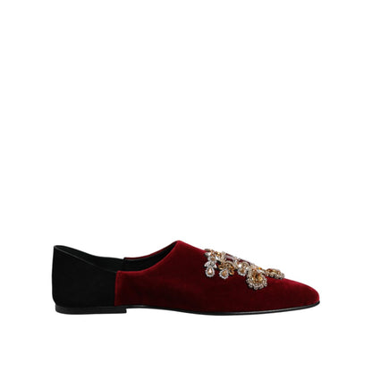 Dolce & Gabbana Black Red Velvet Embellished Slip On Shoes