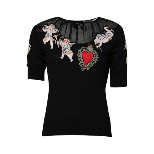 Dolce & Gabbana Black Sacred Heart Embroidered Crewneck Top