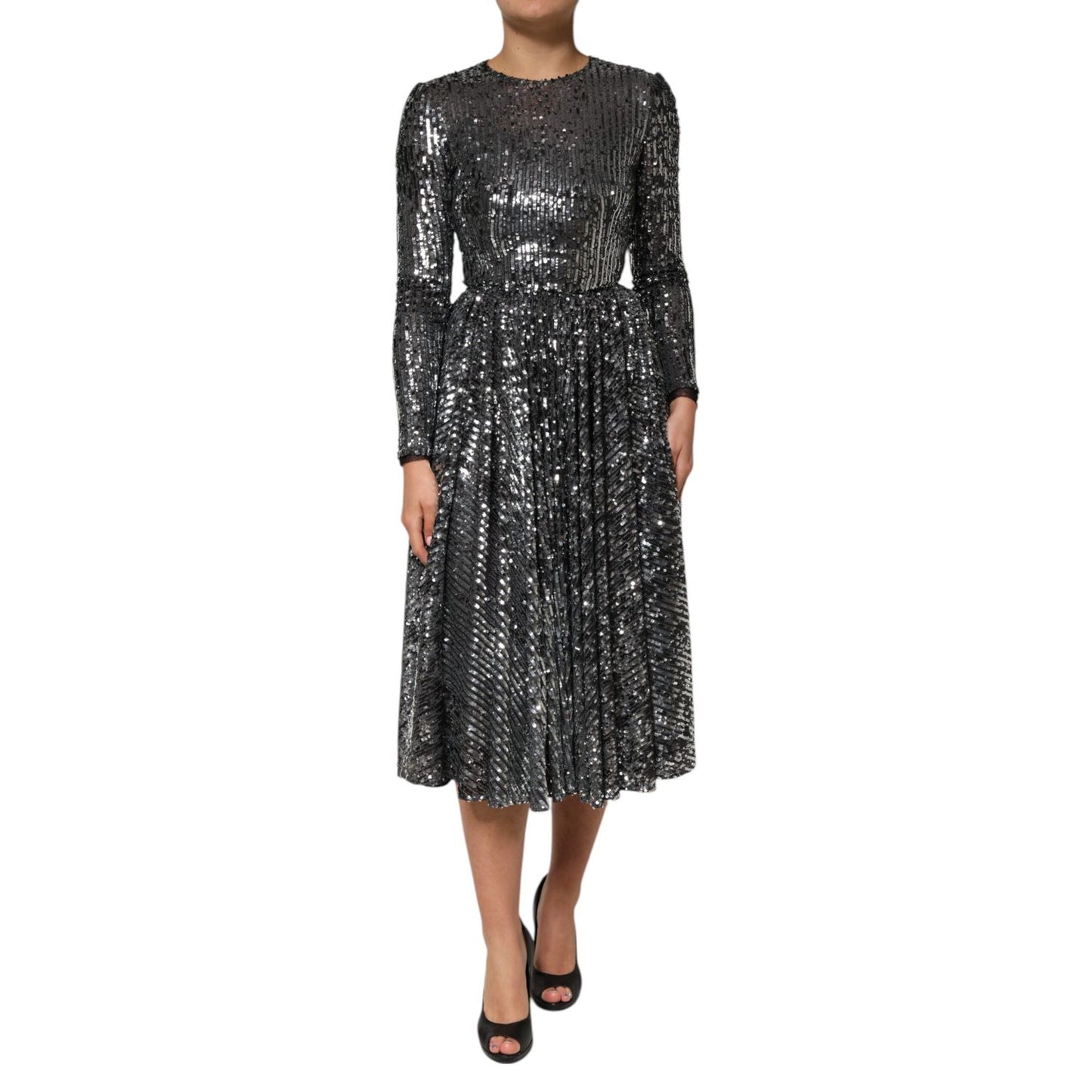 Dolce & Gabbana Black Sequined Long Sleeves Midi A-line Dress