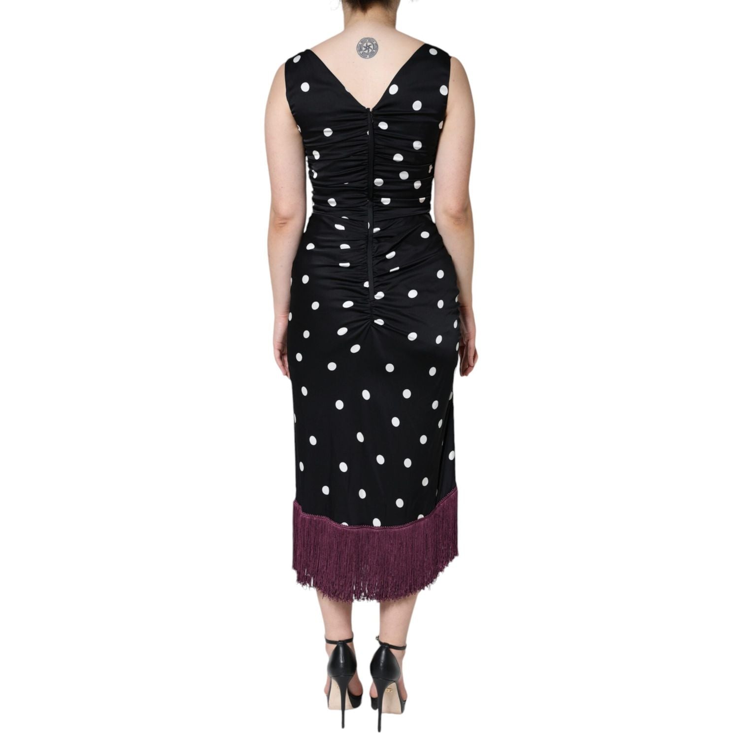 Dolce & Gabbana Black Silk Polka Dot Vneck Tassel Midi Dress