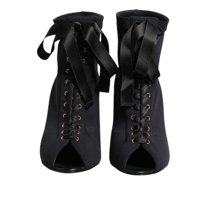 Dolce & Gabbana Black Stiletto Heels Lace Up Boots Shoes
