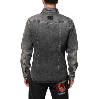 Dolce & Gabbana Black Washed Cotton Snap Long Sleeve Casual Shirt