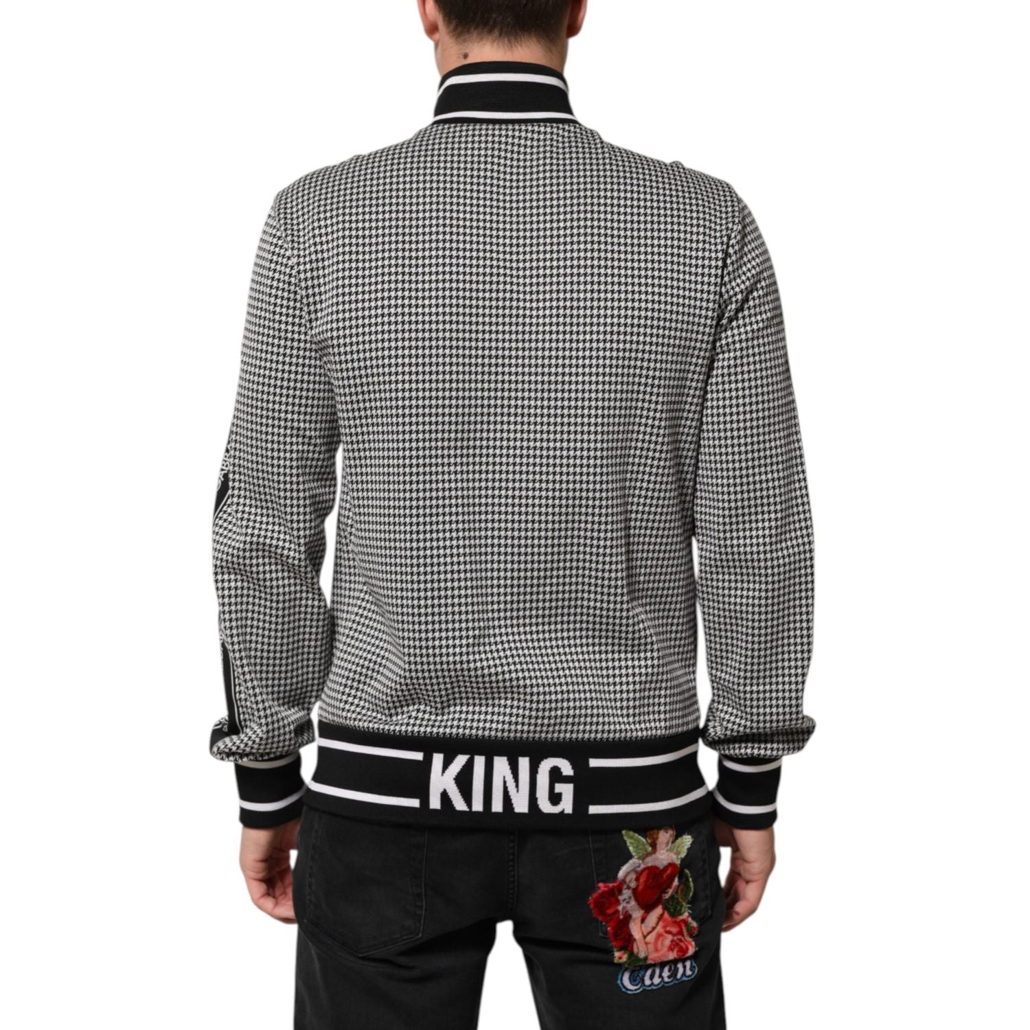 Dolce & Gabbana Black White Houndstooth Wool Crest Jacket Sweater
