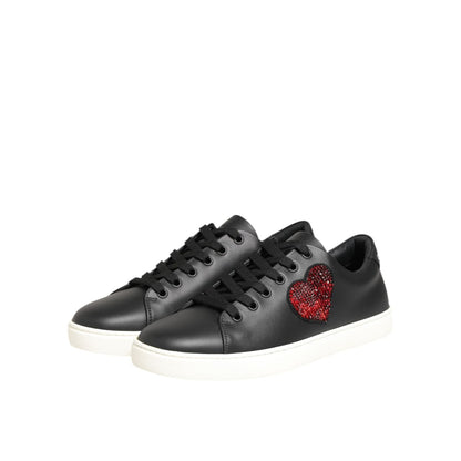 Dolce & Gabbana Black White Leather Crystal Heart Sneakers Shoes