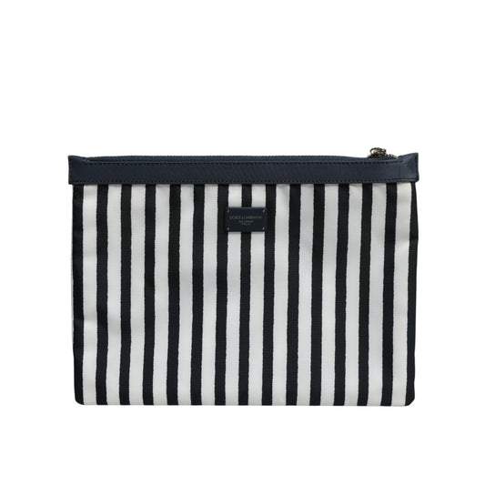 Dolce & Gabbana Black White Striped Logo Plaque Clutch Pouch Bag