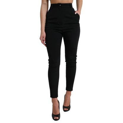 Dolce & Gabbana Black Wool Stretch High Waist Skinny Pants with zipper closure, worn by model, elegant Italian design.