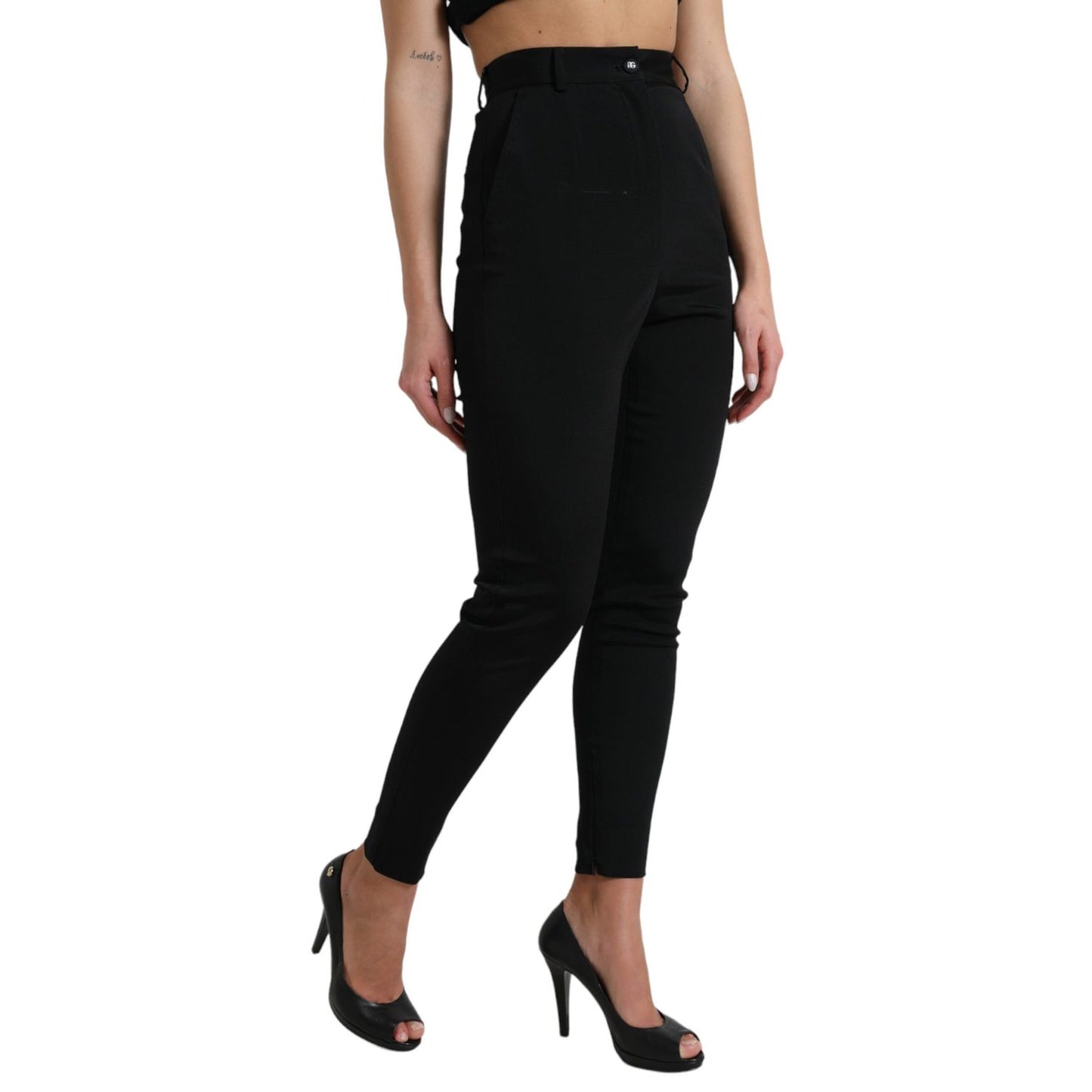 Dolce & Gabbana Black Wool Stretch High Waist Skinny Pants - High fashion women’s pants with zipper closure and logo details.