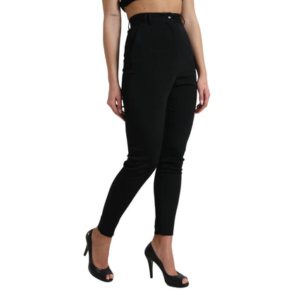 Dolce & Gabbana Black Wool Stretch High Waist Skinny Pants - High fashion women’s pants with zipper closure and logo details.