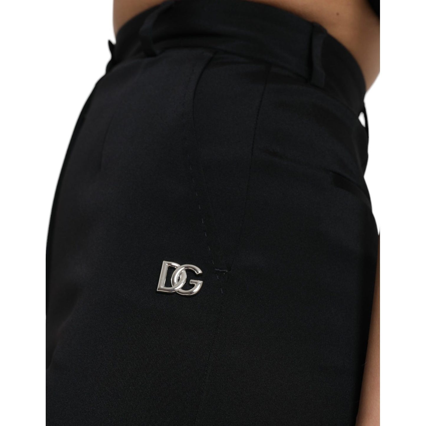 Dolce & Gabbana Black Wool Stretch High Waist Skinny Pants with logo detail and zipper closure, made from 97% cotton and 3% elastane.