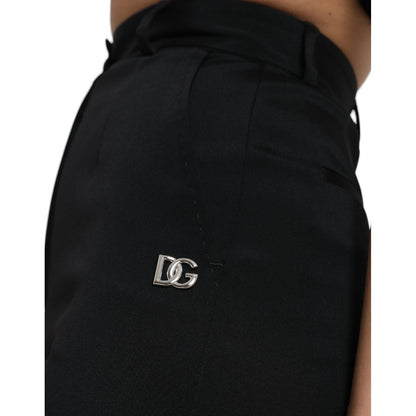 Dolce & Gabbana Black Wool Stretch High Waist Skinny Pants with logo detail and zipper closure, made from 97% cotton and 3% elastane.