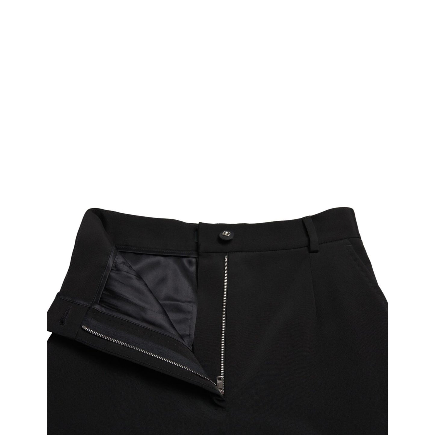 Dolce & Gabbana Black Wool Stretch High Waist Skinny Pants with zipper closure and logo detail, showcasing Italian craftsmanship.