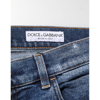 Dolce & Gabbana Blue Cotton Logo Plaque Skinny Men Denim Jeans