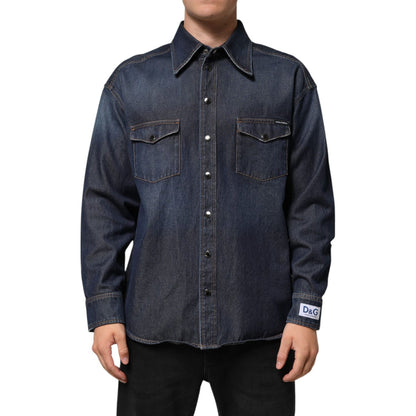 Dolce & Gabbana Blue Denim Button Casual Logo Patch Men Shirt