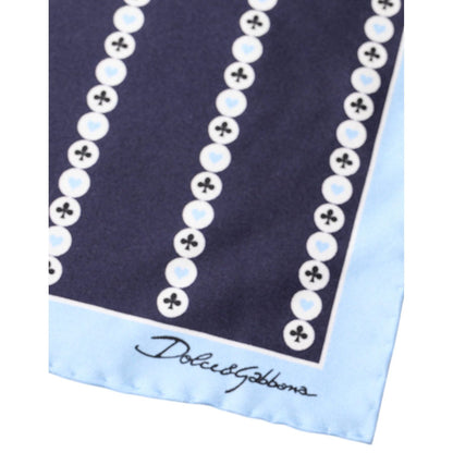 Dolce & Gabbana Blue Heart Spade Silk Handkerchief Scarf with black pattern on blue background, luxury Italian fashion accessory.