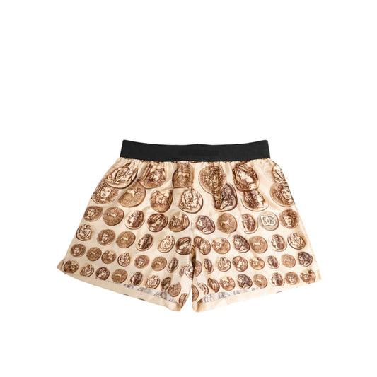 Dolce & Gabbana Brown Ancient Coin Print Silk Shorts Swimwear
