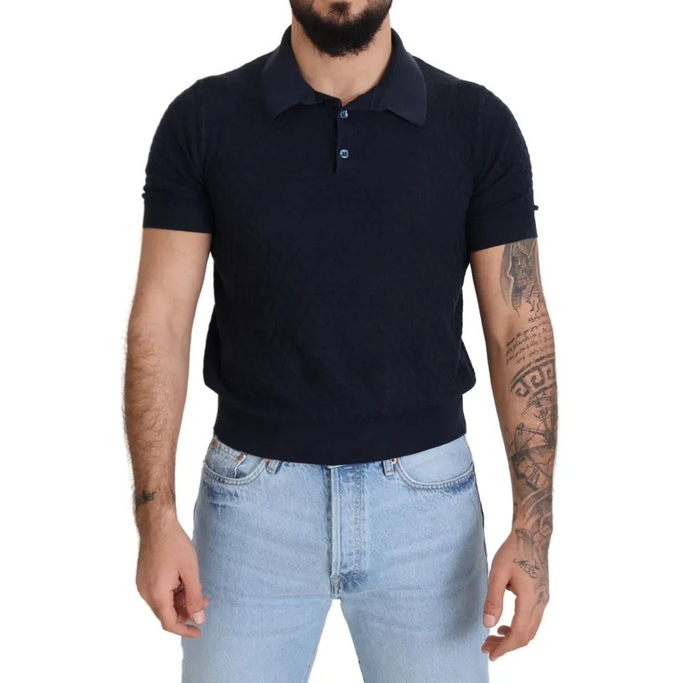 Dolce & Gabbana Dark Blue Collared Polo Casual Silk T-shirt in silk with short sleeves, worn by model with light blue jeans.