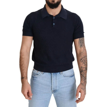 Dolce & Gabbana Dark Blue Collared Polo Casual Silk T-shirt in silk with short sleeves, worn by model with light blue jeans.