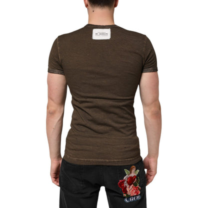 Dolce & Gabbana Dark Brown Cotton Tattered Logo Men T-shirt
