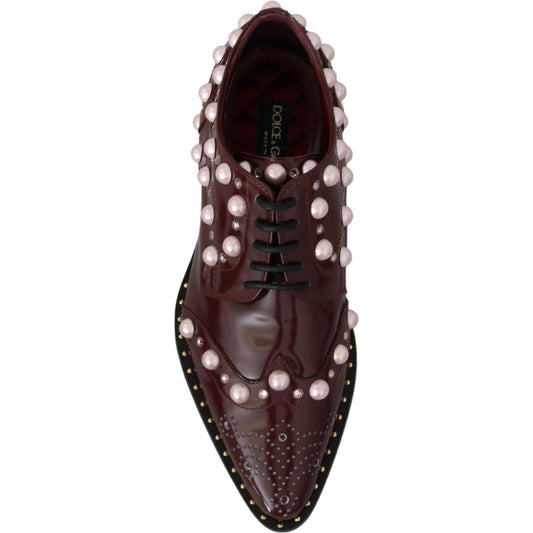 Dolce & Gabbana Dolce & Gabbana Elegant Bordeaux Lace-Up Flats with Pearls and Crystals LA6911-39