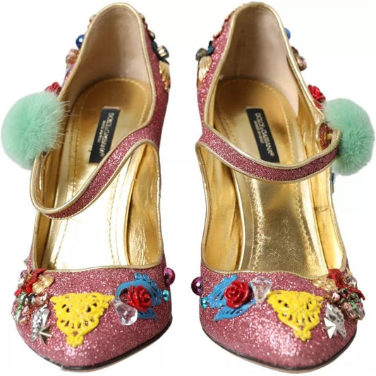 Dolce & Gabbana Pink Embellished Fur Mary Jane Pumps Shoes LA10945-39