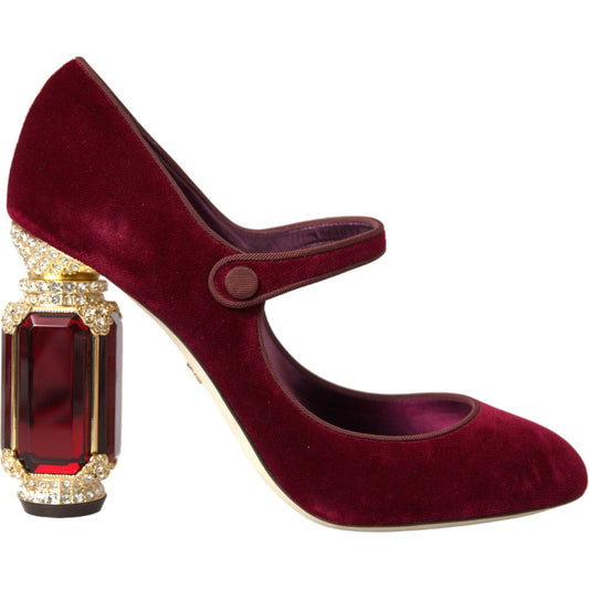 Dolce & Gabbana Dolce & Gabbana Red Velvet Gold Crystals Heels Mary Jane Shoes LA10580-40.5