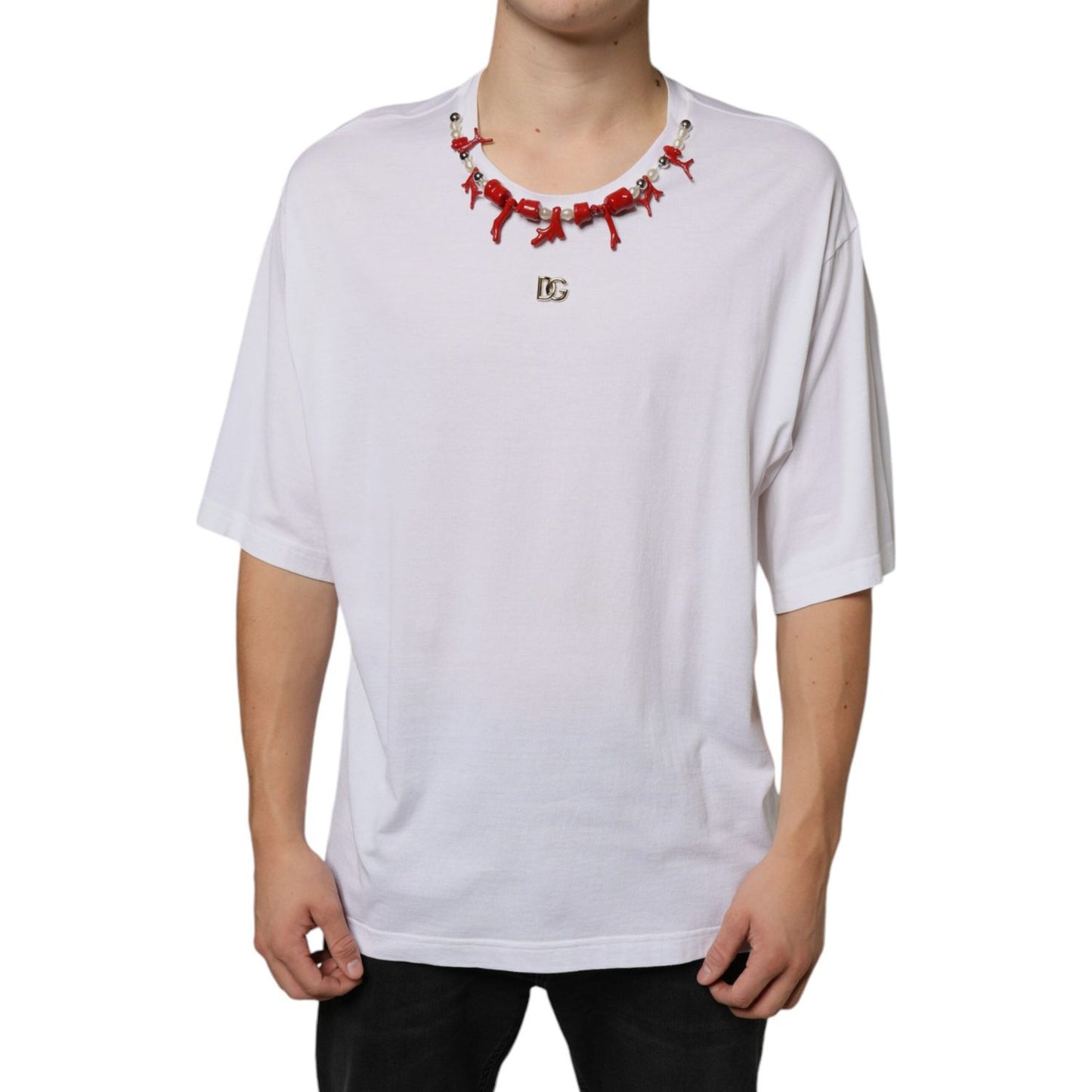 Dolce & Gabbana White Cotton Necklace Embellished T-shirt TSH86648-58