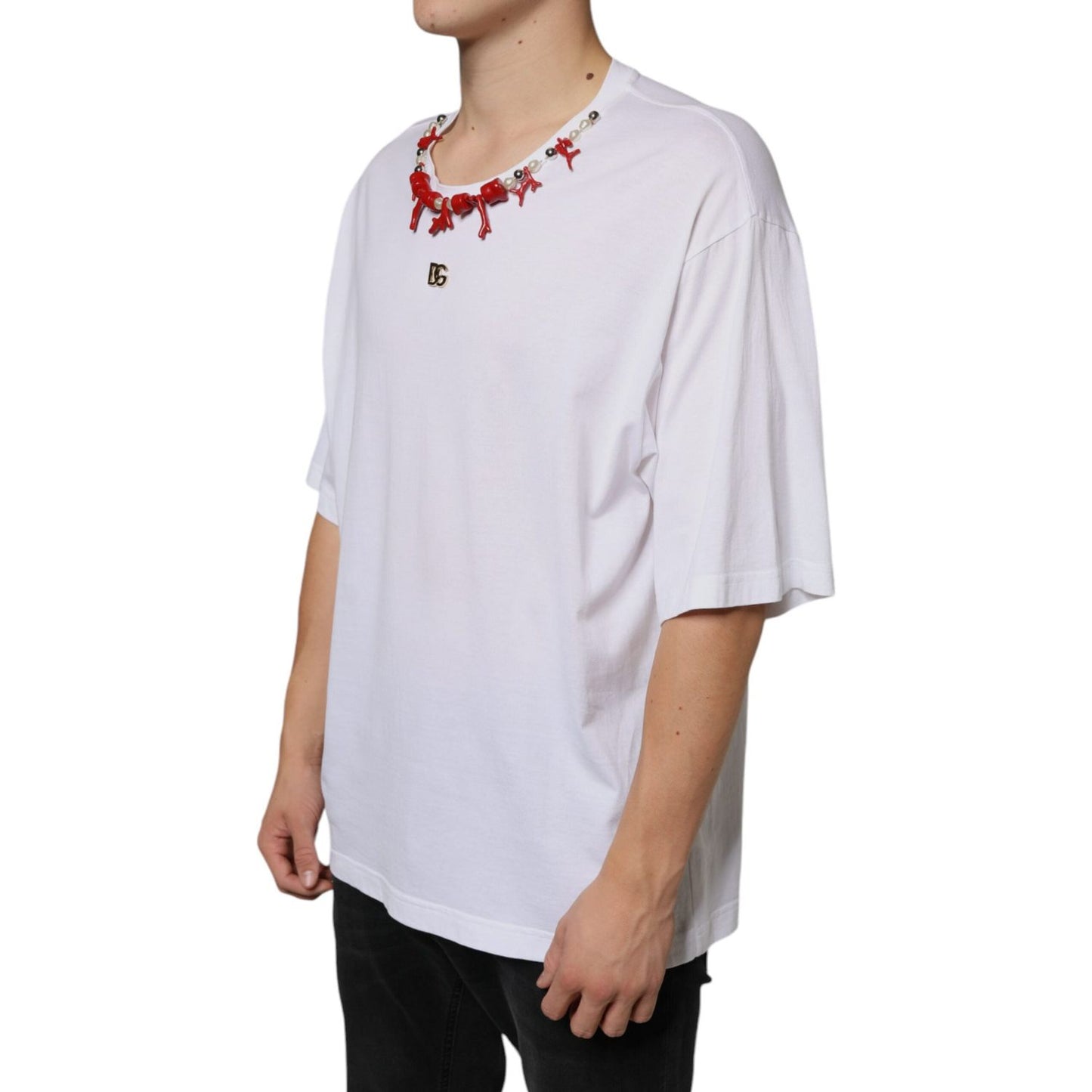 Dolce & Gabbana White Cotton Necklace Embellished T-shirt TSH86648-58