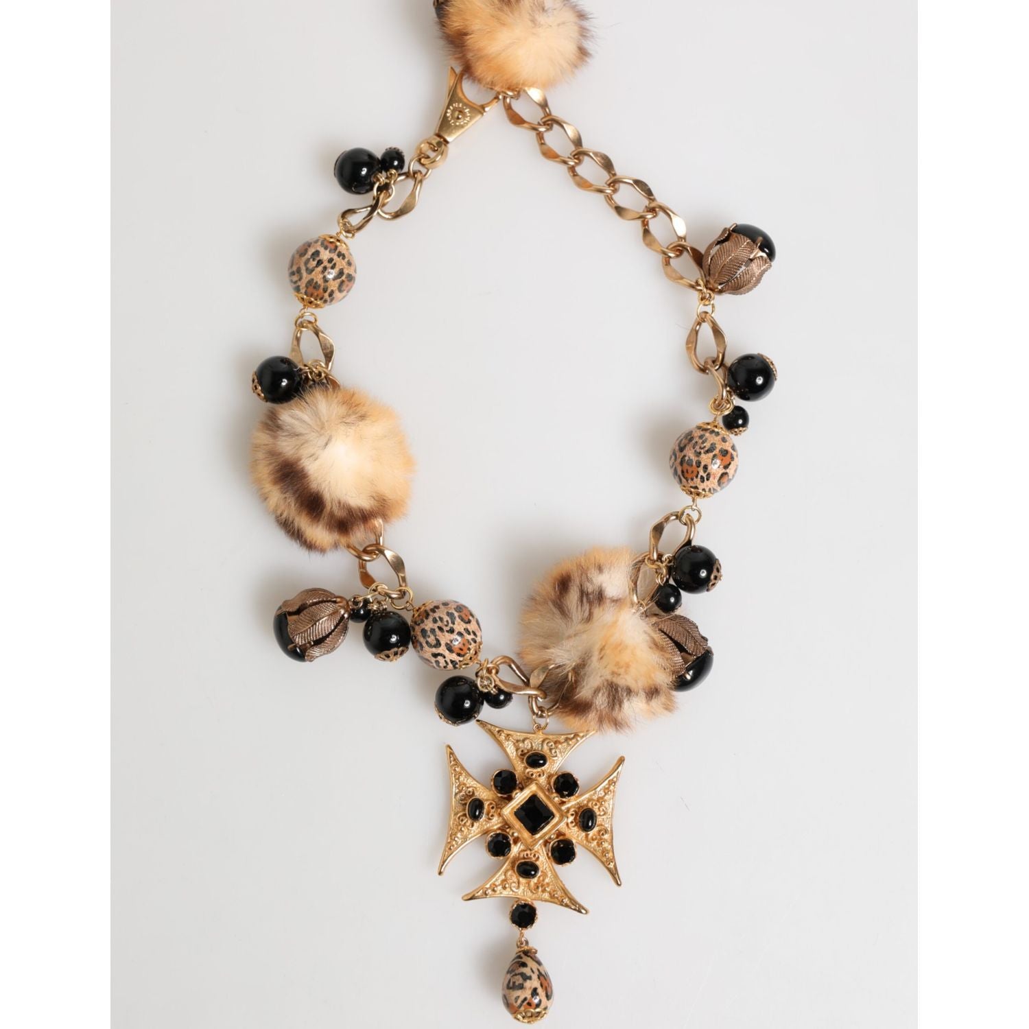 Dolce & Gabbana Gold Black Crystals Lapin Fur Filigree Choker Necklace