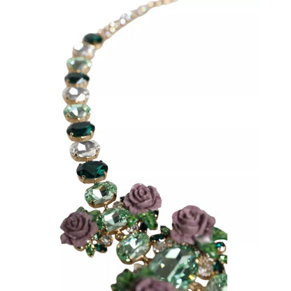 Dolce & Gabbana Gold Brass Link Chain Rose Petal Crystal Necklace