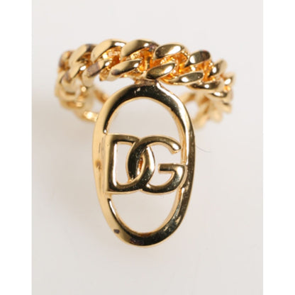 Dolce & Gabbana Gold Tone Brass Oval DG Logo Chain Adjustable Ring in curb chain style, interlocked DG logo, bold modern design.
