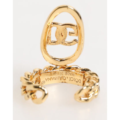 Dolce & Gabbana Gold Tone Brass Oval DG Logo Chain Adjustable Ring with iconic interlocked DG logo and chunky curb chain style.