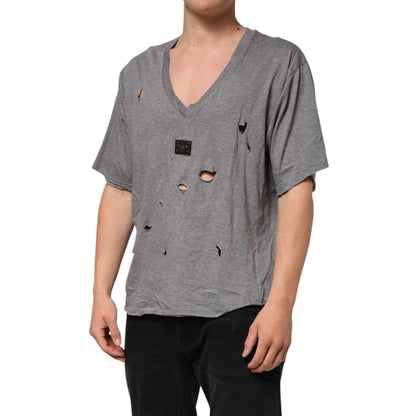 Dolce & Gabbana Gray Cotton Tattered Logo Patch Men T-shirt