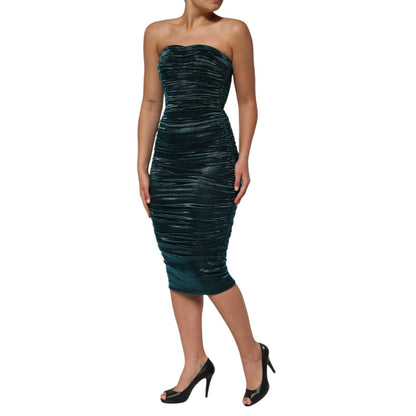 Dolce & Gabbana Green Silk Satin Fitted Strapless Dress