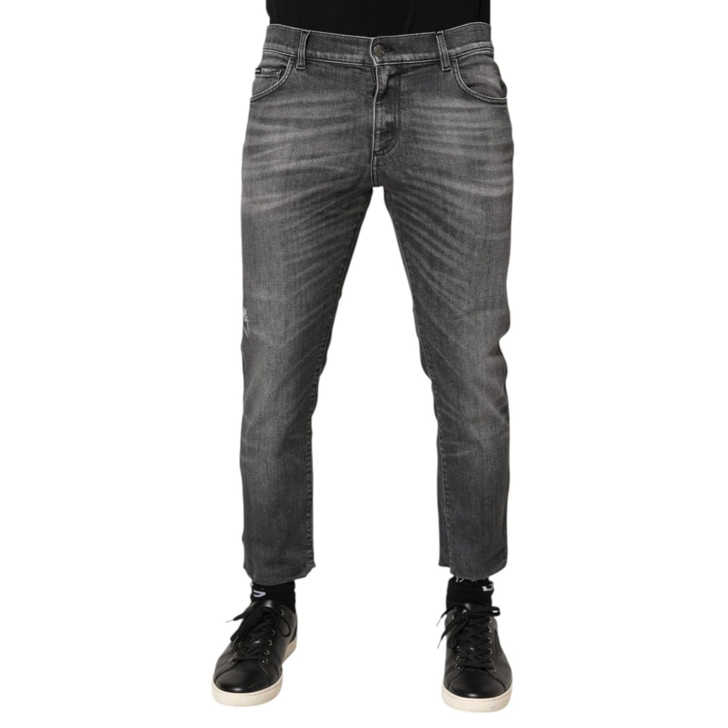 Dolce & Gabbana Grey Cotton Denim Slim Fit Distressed Pants Jeans