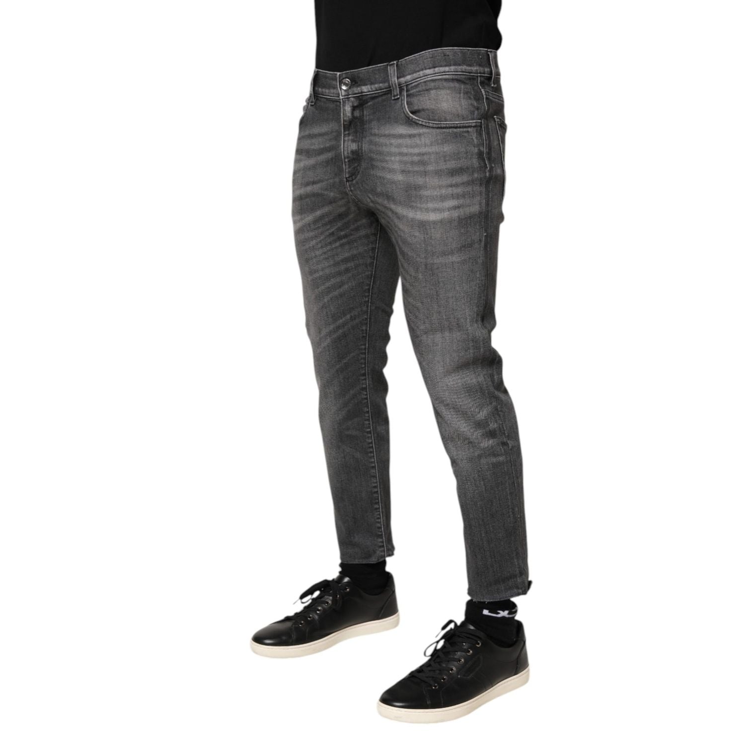 Dolce & Gabbana Grey Cotton Denim Slim Fit Distressed Pants Jeans